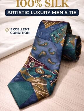 Structure Multicolor Blue Teal Paisley & Geometric Silk Tie